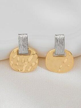 NEW Silver & Gold Boho Hammered Dangling Earrings Modern Statement Finish Chunky